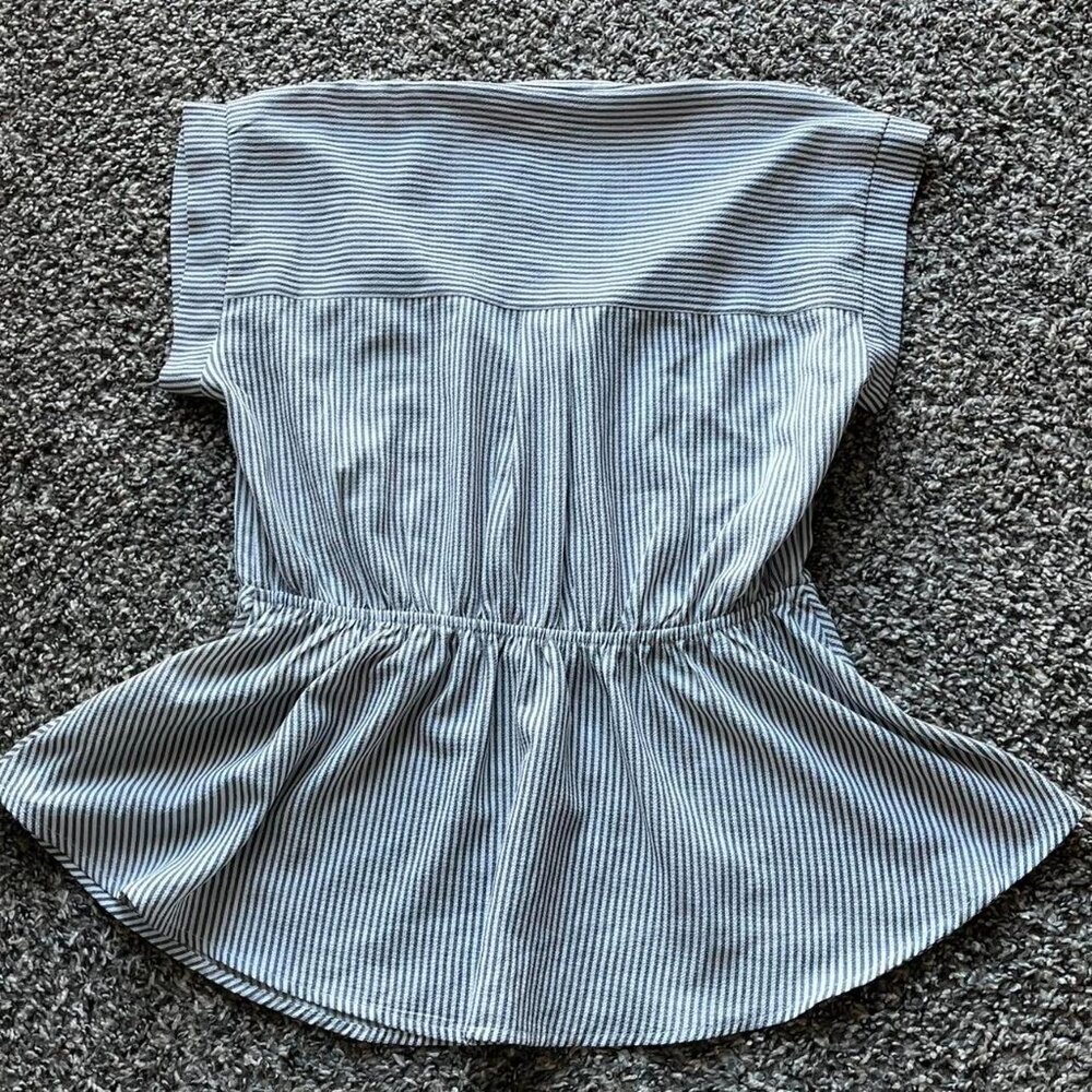 Monteau LA Blouse White Blue Women L Striped Summer Babydoll Feminine Going Out - Picture 3 of 7